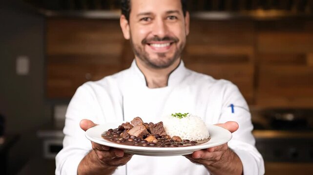 Chef Presents Plate of Feijoada, a Traditional Brazilian Stew With Rice, in a Modern Kitchen