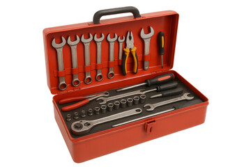 Red open toolbox displaying various work tools