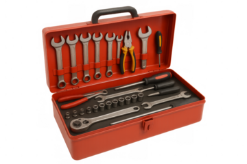 Red open toolbox displaying various work tools