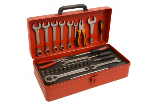 Red open toolbox displaying various work tools