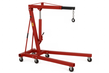 Red hydraulic engine hoist lifting automotive parts