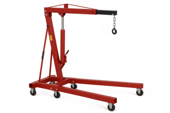 Red hydraulic engine hoist lifting automotive parts