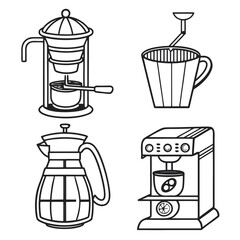 Collection of stylized line art illustrations depicting various coffee making devices including a french press a pour over coffee maker a stovetop espresso maker and a modern coffee machine