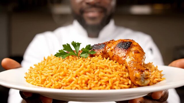 Professional African Chef Presents Jollof Rice and Chicken Dish in Restaurant Kitchen at Mealtime
