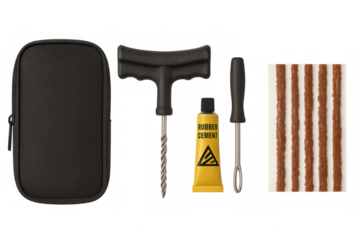 Tubeless tire repair kit with tools and rubber patches