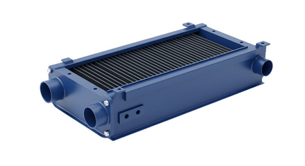 Fototapeta premium Blue Industrial Heat Exchanger with Metal Fins and Pipe Connections for Mechanical Equipment