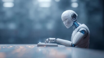 Advanced humanoid robot diligently typing on a sleek, illuminated keyboard in a technologically advanced environment, showcasing the integration of artificial intelligence in modern workspaces - Powered by Adobe