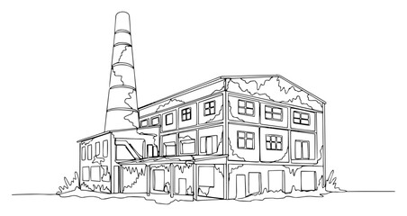 One Line Drawing of an Old Abandoned Factory Building