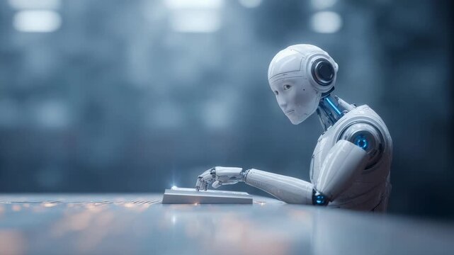 Advanced humanoid robot diligently typing on a sleek, illuminated keyboard in a technologically advanced environment, showcasing the integration of artificial intelligence in modern workspaces