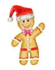 Watercolor gingerbread man  in santa claus hat isolated on white background.