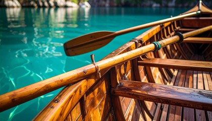 Wooden Rowboat with Oars on a Clear Turquoise Lake.