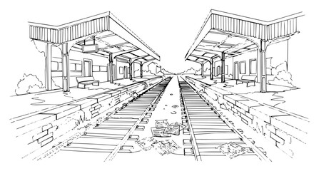 One Line Art Drawing of an Empty Train Station Platform and Railway Tracks