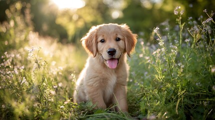 Playful Golden Retriever Puppy in Sunlit Meadow