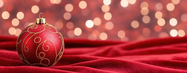 A festive red ornament rests on a textured red fabric, illuminated by soft, shimmering bokeh lights in the background.