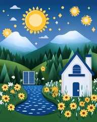 A serene landscape with a house, sun, mountains, and vibrant flowers, capturing the essence of nature's beauty and tranquility.