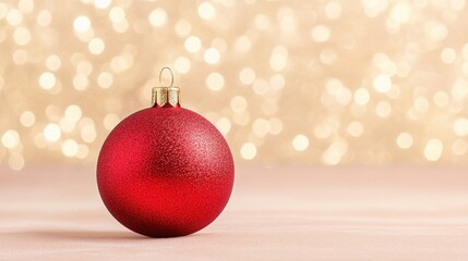 A shiny red Christmas ornament resting on a soft pink surface with a bokeh background, perfect for festive decor and holiday themes.