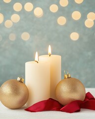 Elegant holiday decor featuring white candles, gold ornaments, and soft bokeh lights, perfect for creating a cozy atmosphere.