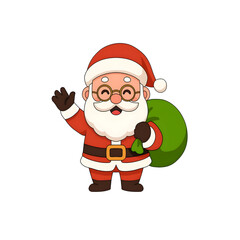 Obraz premium Cartoon santa claus waves hello wearing eyeglasses and a red suit while holding a green sack on a white background