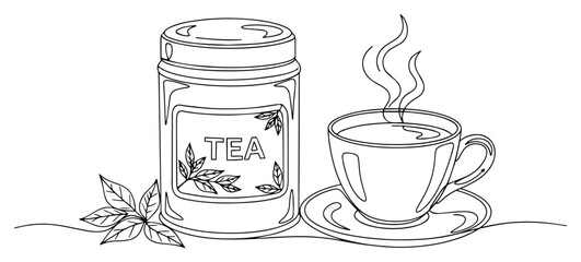 One Line Art of a Cup of Hot Tea with a Jar and Mint Leaves