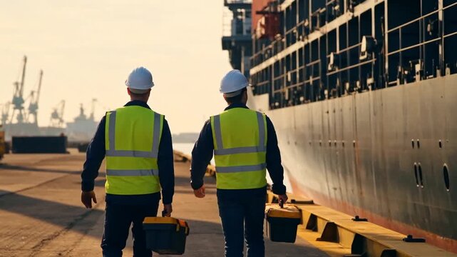 Two dock workers in safety vests and hard hats walking with toolboxes along shipping port during golden hour sunset