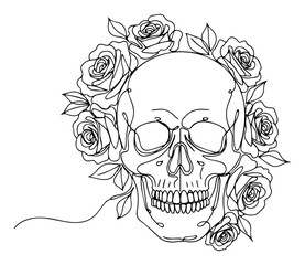 Human Skull with a Wreath of Roses One Line Drawing