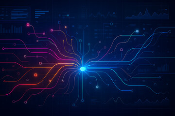 Centralized digital hub with glowing neon data streams spreading outward symbolizing technology analytics network and artificial intelligence