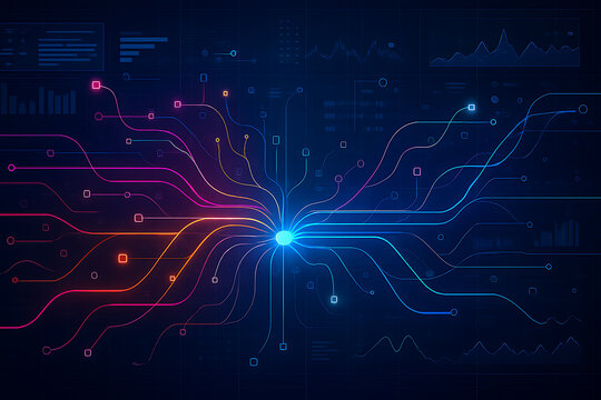 Centralized digital hub with glowing neon data streams spreading outward symbolizing technology analytics network and artificial intelligence
