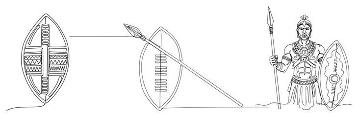 Continuous Line Art of a Zulu Warrior with Spear and Shield
