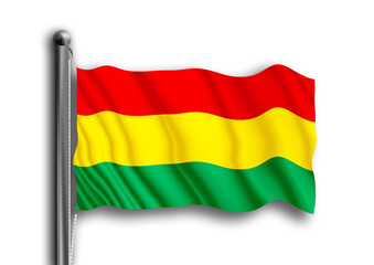 Bolivian flag in satin material flying on a flagpole, illustration for independence day, transparent background.