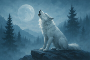 Majestic white wolf howling at full moon on mountain cliff in misty forest landscape representing wilderness freedom power and nocturnal nature