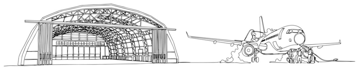 Airplane and a Space Shuttle on an Airfield in Front of a Hangar