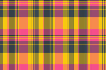 Fototapeta premium Vibrant plaid pattern with bold, intersecting lines in pink, yellow, orange and dark grey. Evokes feelings of autumn, warmth, and cozy textures. Great for backgrounds, textiles, or graphic designs.