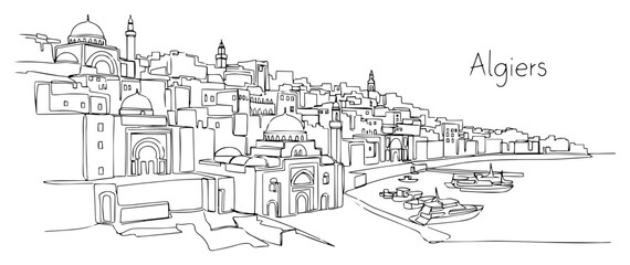 Fototapeta premium Continuous One Line Drawing of the Cityscape of Algiers in Algeria