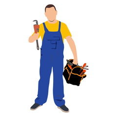 Professional plumber holding a pipe wrench and a toolbox