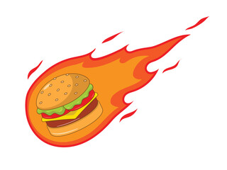 Vector illustration of a burger with fire elements surrounding it