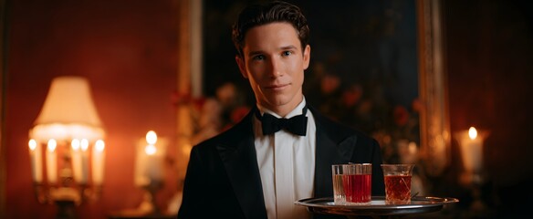 The butler confidently holding a polished tray with refreshing drinks in an elegant formal setting