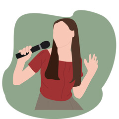 woman singing with a mic. smiling woman singer, rock or pop vocalist wearing dress and singing in microphone.