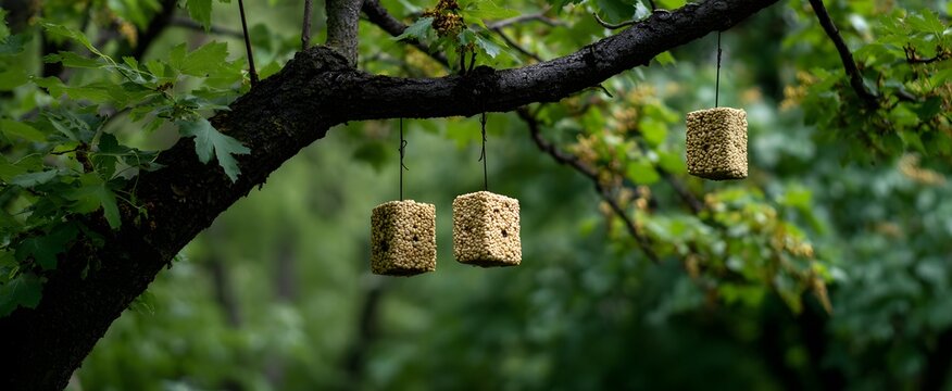 Suet blocks dangle like sweet treats from a tree branch inviting wildlife to feast.