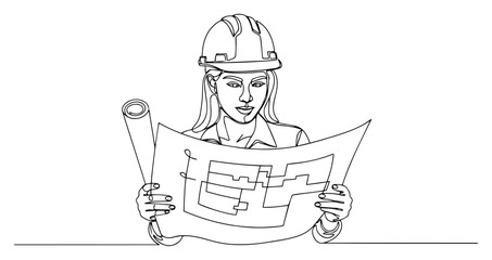 Female Architect Examining a Blueprint Continuous Line Drawing
