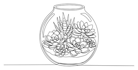 Succulent Plant Terrarium in a Glass Bowl One Line Art