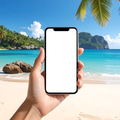 Hand holds phone displaying blank screen against tropical beach backdrop (1)