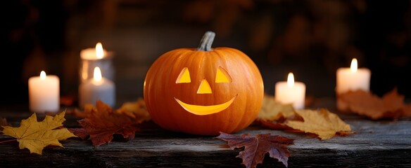 Fototapeta premium The jack-o-lantern glows warmly evoking cozy autumn nights and gentle candlelight.