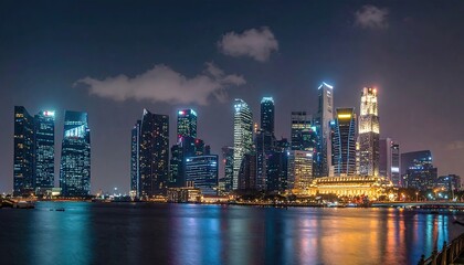 Obraz premium Singapore Cityscape at Night Illuminated Skyscrapers Reflecting in Water under Cloudy Sky