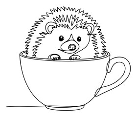 Cute Hedgehog Sitting in a Tea Cup Continuous Line Drawing