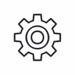 Minimalist line art icon of a gear wheel symbol, representing technology, engineering mechanics, and system configuration options on a white background