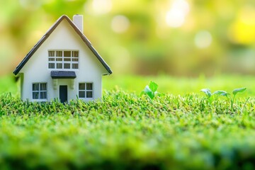 Perfectly manicured green lawn with blurred house background
