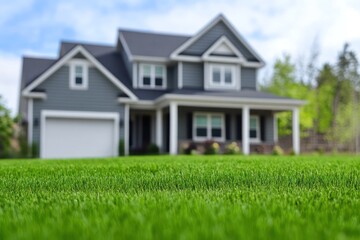 Perfectly manicured green lawn with blurred house background