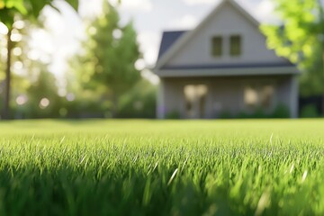 Perfectly manicured green lawn with blurred house background