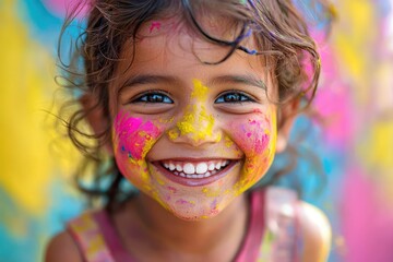 Smiling child with colorful face paint in outdoor setting