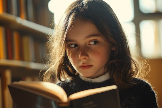 Young schoolgirl reading book in sunny library with thoughtful expression